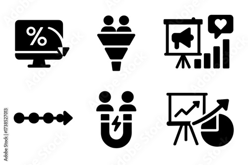 Marketing Icon Set. Solid, filled icon set of marketing charts: conversion rate, customer funnel, campaign performance, engagement graph, sales pipeline, lead