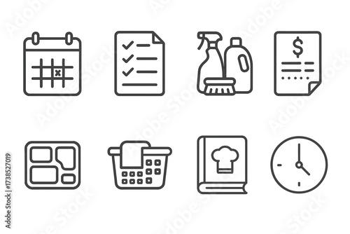 Mother's Household Icons. Outline icon set of mother?s household management: calendar planner, grocery list, cleaning supplies, budget sheet, meal prep,