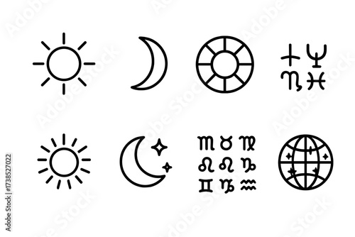 Astrological Icon Set. Outline icon set of astrological sun and moon: sun sign, moon sign, zodiac wheel, horoscope chart, sunburst, crescent with stars,
