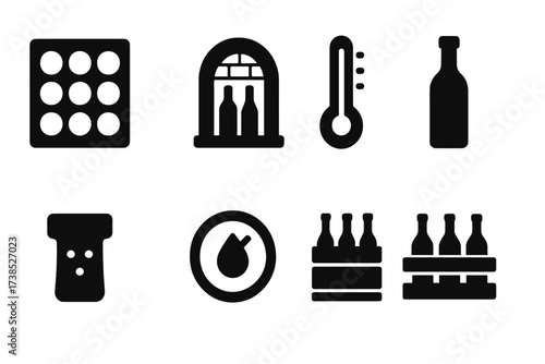 Wine Storage Icons. Solid, filled icon set of wine storage: wine rack, cellar, temperature gauge, bottle, cork, humidity meter, wooden crate, shelf. Solid,