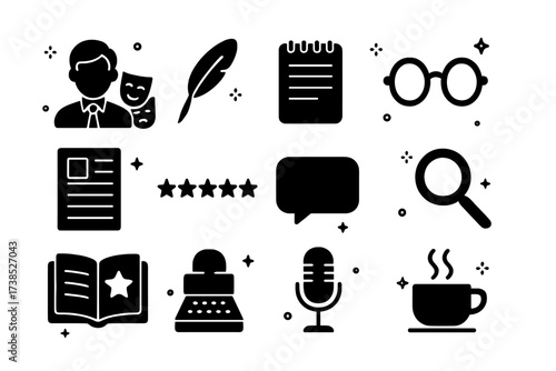 Theater Critic Icons. Theater reviewer. Solid icons set of critic profile, quill pen, notepad, glasses, newspaper column, star rating, speech bubble,