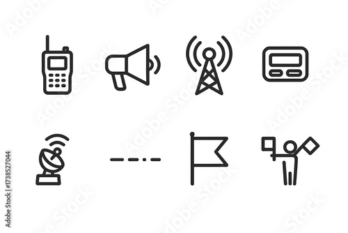 Communication Signal Icons. Outline icon set of communication signals: walkie-talkie, megaphone, radio transmitter, pager, satellite, Morse code, signal flag,