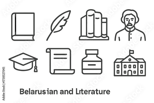 Baltic Icons Collection. Outline icon set of Belarusian education and literature: book, quill pen, library, Belarusian poet, graduation cap, open scroll, ink