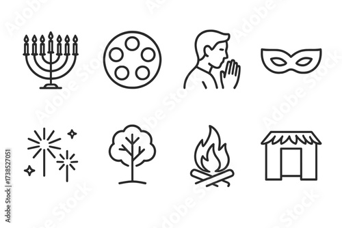 Israeli Festival Icons. Outline icon set of Israeli festivals: Hanukkah menorah, Passover Seder plate, Yom Kippur prayer, Purim mask, Independence