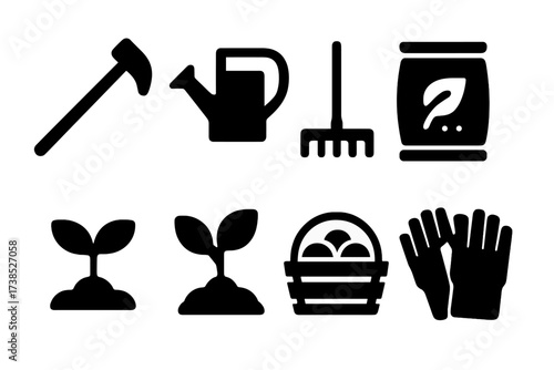 Farm Tools Icon Set. Solid, filled icon set of farm tools: hoe, watering can, rake, seed packet, sprout, plant, harvest basket, gloves. [Line icons in only