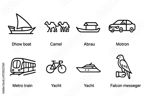 Emirati and Qatari Icons. Outline icon set of Emirati transportation: Dhow boat, Camel caravan, Abra boat, Modern car, Metro train, Bicycle, Yacht, Falcon