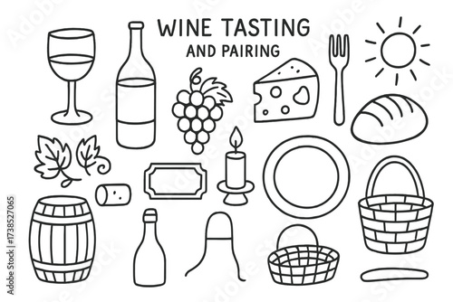 Wine Tasting Essentials. Hand-drawn doodle illustration Wine tasting and pairing wine glass, wine bottle, grape cluster, cheese wedge, bread loaf, fork, knife,