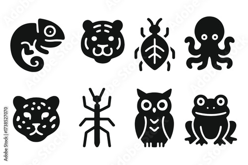 Camouflage Animal Icons. Solid, filled icon set of camouflage animals: chameleon, tiger, leaf insect, octopus, snow leopard, stick insect, owl, frog. [Line