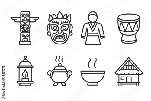 Cultural Tradition Icons. Outline icon set of cultural tradition: totem pole, festival mask, folk costume, drum, lantern, incense burner, ritual
