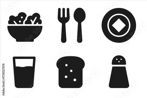 Salad Serving Icons. Solid, filled icon set of serving salad: bowl, salad fork, salad spoon, plate, napkin, glass of water, bread slice, salt shaker. [Line