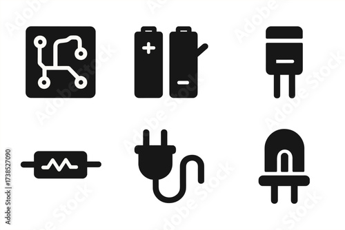 Cobalt Electronics Icons. Solid, filled icon set of cobalt uses in electronics: circuit board, battery pack, soldering iron, capacitor, resistor, microchip,