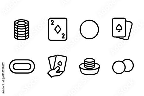 Betting Game Icon Set. Outline icon set of betting game accessories: chip stack, betting card, dealer button, card deck, betting pot, player area, dealer hand,