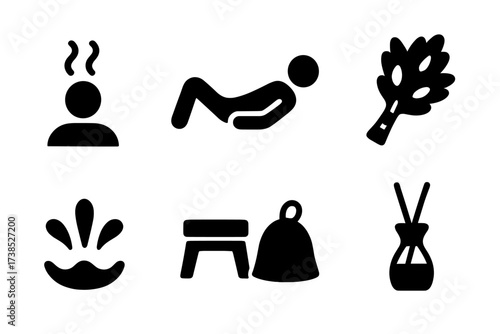 Spa & Wellness Icons. Solid, filled icon set of spa and wellness: sauna steam, relaxation person, towel, herbal broom, water splash, wooden bench, sauna hat,