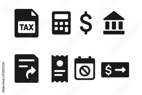Dividend Tax Icons. Solid, filled icon set of dividend tax: tax form, calculator, dollar sign, government building, tax return, receipt, payment deadline,