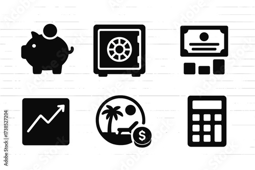 Savings and Investment Icons. Solid, filled icon set of savings and investment: piggy bank, safe, mutual funds, bonds, stock market, retirement plan, gold