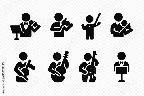 Orchestra Role Icons. Solid, filled icon set of orchestra roles: concertmaster, first violinist, second violinist, conductor, violist, cellist, bass player,