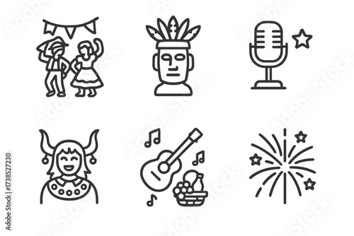 Chilean Festival Icons. Outline icon set of Chilean festivals: Fiestas Patrias, Tapati Rapa Nui, Vina del Mar Festival, Carnival of Chile Chico, La Tirana,