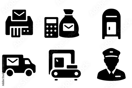 Mail Processing Icons. Solid, filled icon set of mail processing: sorting machine, postage meter, mail bag, post office box, delivery truck, parcel scanner,