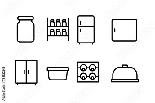 Kitchen Storage Icons. Outline icon set of kitchen storage: pantry jar, spice rack, refrigerator, freezer, cupboard, food container, wine rack, bread box. Line