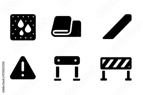 Ballroom Safety Icons. Solid, filled icon set of ballroom floor safety features: non-slip surface, floor mat, edge ramp, floor grip tape, safety signage,
