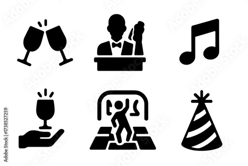 Party Icon Set. Solid, filled icon set of stirring party and culture: clinking glasses, bartender silhouette, bar counter, music note, neon sign, celebration