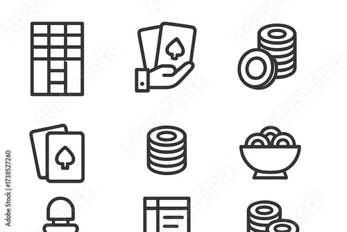 Casino Table Icons. Outline icon set of casino table elements: betting grid, dealer hand, betting chips, card deck, chip stack, player seat, payout table,