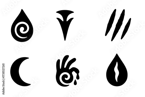 Black Blood Symbol Icons. Solid, filled icon set of blood symbols: spiral droplet, ancient glyph, tribal mark, twin cuts, dripping handprint, crescent slash,