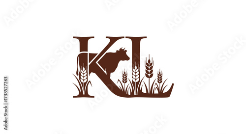 Elegant farm logo design featuring letter KI silhouette with cow and wheat elements