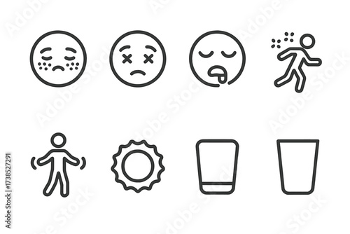 Intoxication Signs Icons. Outline icon set of intoxication signs: flushed cheeks, crossed eyes, slurred speech, drooling mouth, stumbling figure, swaying