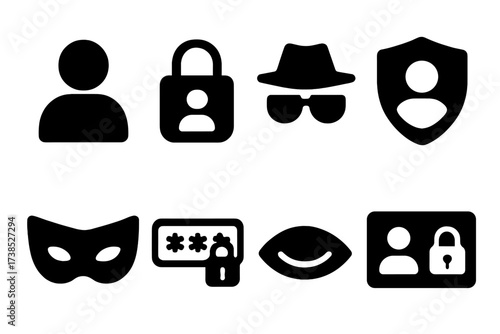 Privacy Icon Set. Solid, filled icon set of personal confidentiality: private user, lock with person, anonymous profile, shielded identity, password input,