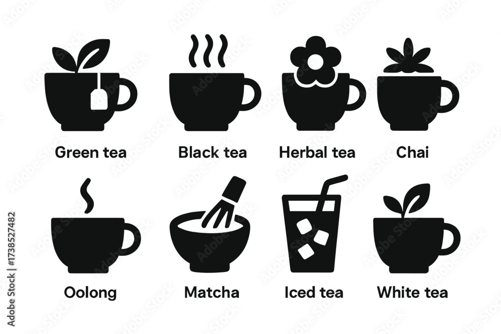 Fototapeta premium Tea Icon Collection. Solid, filled icon set of tea types: green tea, black tea, herbal tea, chai, oolong, matcha, iced tea, white tea. Solid, filled icons in