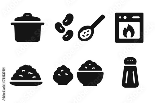 Refried Beans Icons. Solid, filled icon set of refried beans: pot, beans, spoon, frying pan, stove, mashed beans, bowl, seasoning. [Line icons in only black