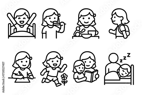 Sister's Daily Routine Icons. Outline icon set of sister?s daily routine: waking up, brushing teeth, eating breakfast, going to school, doing homework, playing