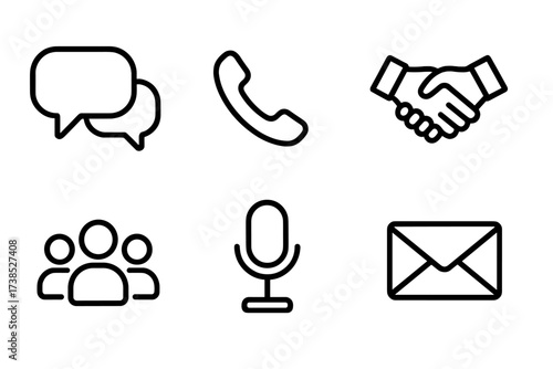Partnership Communication Icons. Outline icon set of partnership communication: chat bubbles, phone, handshake, email, video call, microphone, group of people,