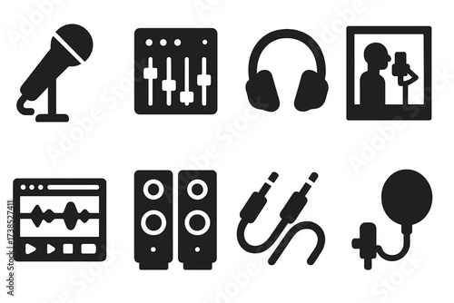 Live Band Recording Icons. Solid, filled icon set of live band recording: microphone, mixing console, headphones, soundproof booth, recording software,