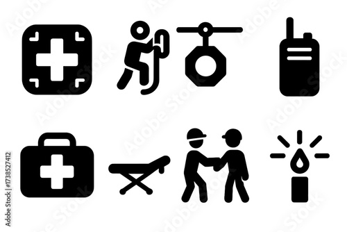 Zip Line Emergency Icons. Solid, filled icon set of zip line emergency: first aid, rescue rope, emergency stop, communication radio, medical kit, stretcher,