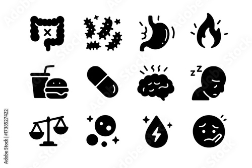 Microbiome Imbalance Icons. Microbiome imbalance. Solid icons set of unhealthy gut, bad bacteria, bloating stomach, inflammation, junk food, antibiotic pill,