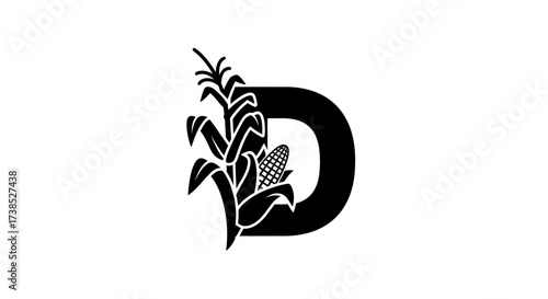 Elegant letter D logo featuring corn stalk in black and white minimalist design