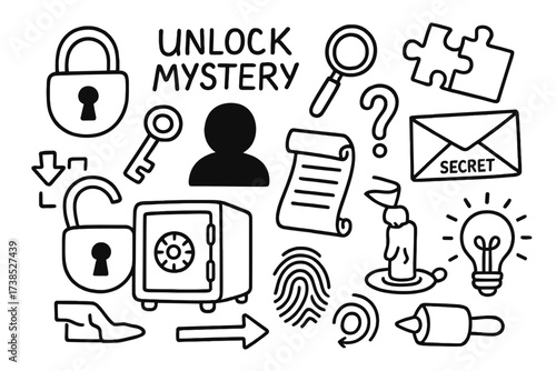 Mystery Elements Doodle. Hand-drawn doodle illustration unlock mystery lock, key, magnifying glass, question mark, puzzle pieces, secret letter, safe, shadow,