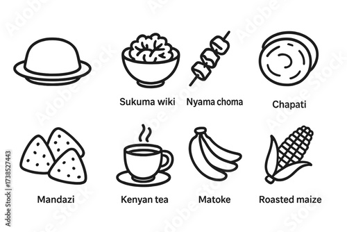 Kenyan Food Icons. Outline icon set of Kenyan food: Ugali, Sukuma wiki (collard greens), Nyama choma (grilled meat), Chapati, Mandazi, Kenyan tea, Matoke