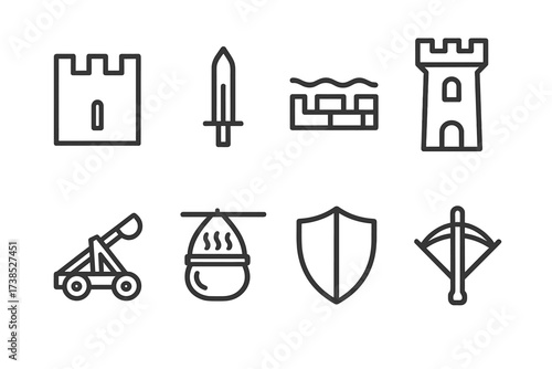 Castle Defense Icons. Outline icon set of castle defenses: battlement, arrow slit, moat, guard tower, catapult, boiling oil pot, shield, crossbow. Line icons