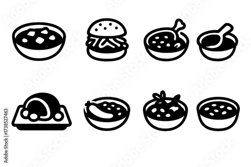 Slow-Cooked Icons. Solid, filled icon set of slow-cooked main dishes: beef stew, pulled pork, chili, braised lamb, pot roast, cassoulet, curry, baked beans.