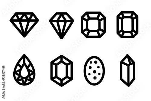 Gemstone Icon Grid. Solid, filled icon set of gemstone types: diamond, ruby, sapphire, emerald, amethyst, topaz, opal, quartz. [Line icons in only black color.