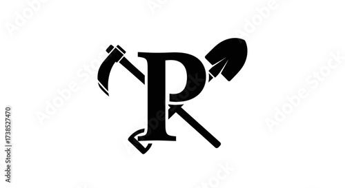 Letter P Logo Design with Mining Tools for Construction or Industrial Business Concept