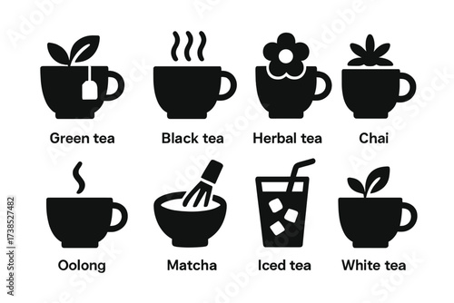 Tea Icon Collection. Solid, filled icon set of tea types: green tea, black tea, herbal tea, chai, oolong, matcha, iced tea, white tea. Solid, filled icons in
