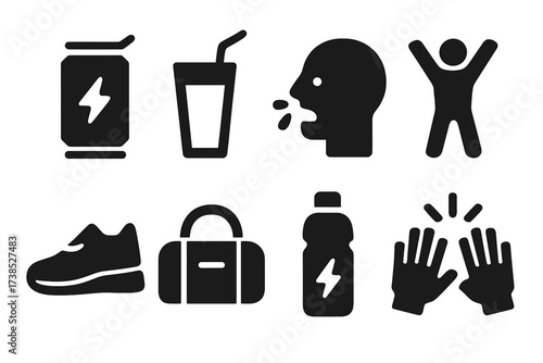 Energy Drink Icons. Solid, filled icon set of energy drink consumption: open can, drinking straw, thirst quench, energized person, running shoe, gym bag, water