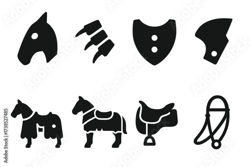 Horse Armor Icon Set. Solid, filled icon set of armor pieces for horses: chamfron, crinet, peytral, flanchard, caparison, barding, saddle armor, horse reins.