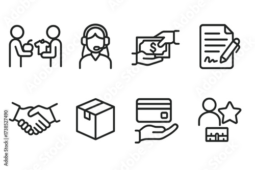 Outline Icon Collection. Outline icon set of service exchange: bartering, customer service, money handoff, contract signing, service handshake, delivery