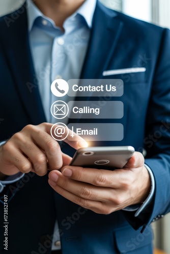 Professional man in suit using smartphone for business communication in modern office environment