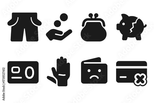 Financial Shortage Icons. Solid, filled icon set of financial shortage pockets: empty jeans pockets, no coins, empty purse, broken piggy bank, zero balance